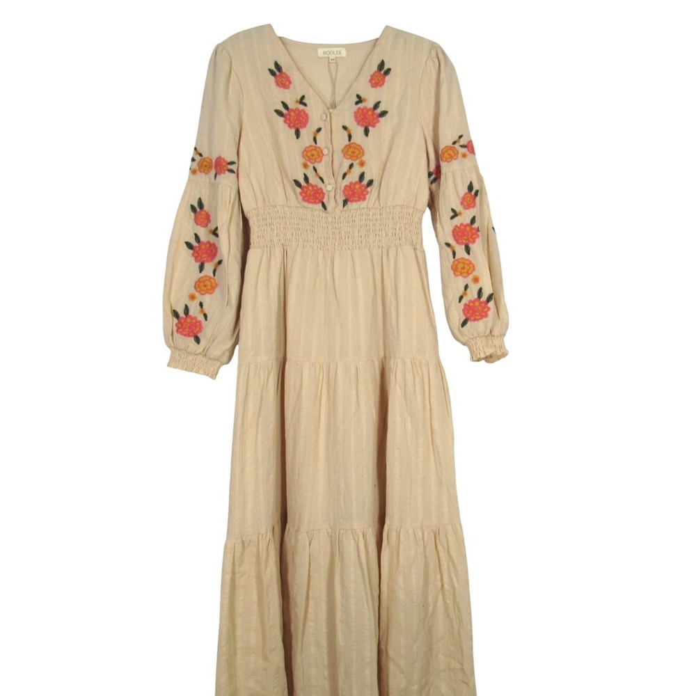 NWT ROOLEE Beige TWILL Floral Embroidered SMOCKED Tiered MIDI A-LINE DRESS XXS